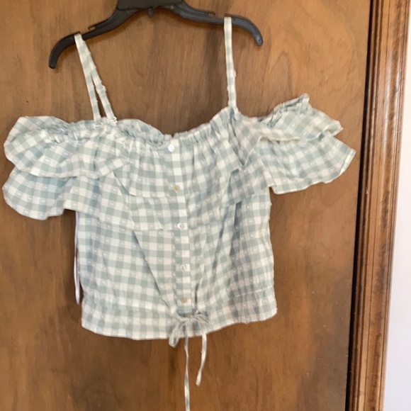 LC Lauren Conrad off the shoulder textured check w ruffle top - Picture 5 of 17